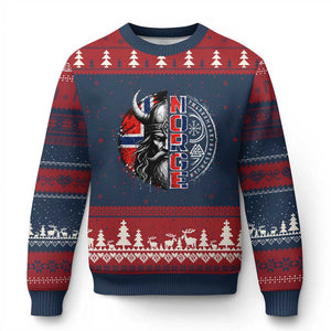Fierce Norge Viking Warrior with Horned Helmet Graphic Ugly Christmas Sweater Norway Pride Distressed Norwegian Flag and Runes TS02 Navy Red Print Your Wear