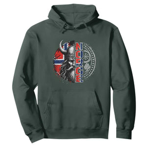 Fierce Norge Viking Warrior with Horned Helmet Graphic Hoodie Norway Pride Distressed Norwegian Flag and Runes TS02 Dark Forest Green Print Your Wear