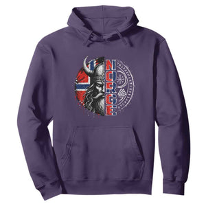Fierce Norge Viking Warrior with Horned Helmet Graphic Hoodie Norway Pride Distressed Norwegian Flag and Runes TS02 Purple Print Your Wear