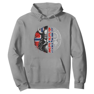 Fierce Norge Viking Warrior with Horned Helmet Graphic Hoodie Norway Pride Distressed Norwegian Flag and Runes TS02 Sport Gray Print Your Wear