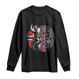 Fierce Norge Viking Warrior with Horned Helmet Graphic Long Sleeve Shirt Norway Pride Distressed Norwegian Flag and Runes TS02 Black Print Your Wear