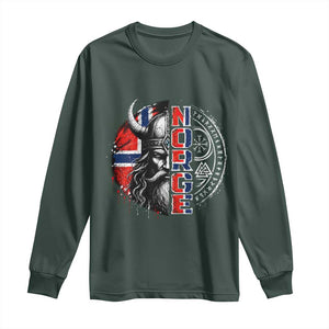 Fierce Norge Viking Warrior with Horned Helmet Graphic Long Sleeve Shirt Norway Pride Distressed Norwegian Flag and Runes TS02 Dark Forest Green Print Your Wear