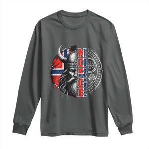 Fierce Norge Viking Warrior with Horned Helmet Graphic Long Sleeve Shirt Norway Pride Distressed Norwegian Flag and Runes TS02 Dark Heather Print Your Wear