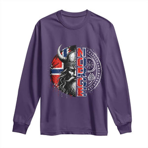 Fierce Norge Viking Warrior with Horned Helmet Graphic Long Sleeve Shirt Norway Pride Distressed Norwegian Flag and Runes TS02 Purple Print Your Wear