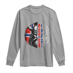 Fierce Norge Viking Warrior with Horned Helmet Graphic Long Sleeve Shirt Norway Pride Distressed Norwegian Flag and Runes TS02 Sport Gray Print Your Wear