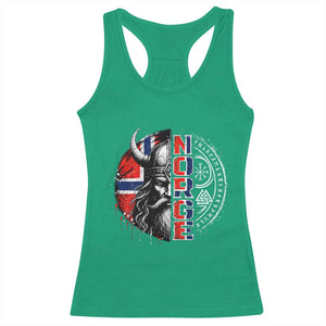 Fierce Norge Viking Warrior with Horned Helmet Graphic Racerback Tank Top Norway Pride Distressed Norwegian Flag and Runes TS02 Irish Green Print Your Wear