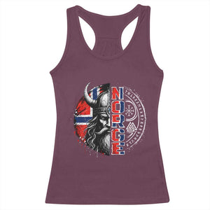 Fierce Norge Viking Warrior with Horned Helmet Graphic Racerback Tank Top Norway Pride Distressed Norwegian Flag and Runes TS02 Maroon Print Your Wear