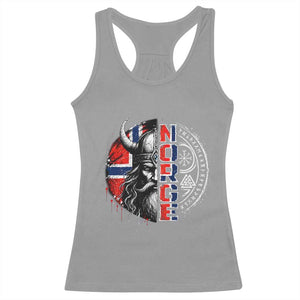 Fierce Norge Viking Warrior with Horned Helmet Graphic Racerback Tank Top Norway Pride Distressed Norwegian Flag and Runes TS02 Sport Gray Print Your Wear