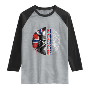 Fierce Norge Viking Warrior with Horned Helmet Graphic Raglan Shirt Norway Pride Distressed Norwegian Flag and Runes TS02 Heather Gray Black Print Your Wear