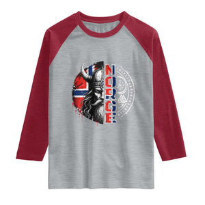 Fierce Norge Viking Warrior with Horned Helmet Graphic Raglan Shirt Norway Pride Distressed Norwegian Flag and Runes TS02 Heather Gray Heather Red Print Your Wear