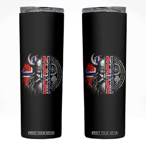 Fierce Norge Viking Warrior with Horned Helmet Graphic Skinny Tumbler Norway Pride Distressed Norwegian Flag and Runes TS02 Black Print Your Wear