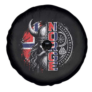 Fierce Norge Viking Warrior with Horned Helmet Graphic Spare Tire Cover Norway Pride Distressed Norwegian Flag and Runes TS02 Print Your Wear
