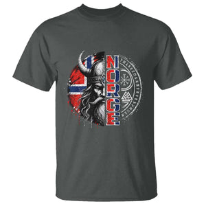 Fierce Norge Viking Warrior with Horned Helmet Graphic T Shirt Norway Pride Distressed Norwegian Flag and Runes TS02 Dark Heather Print Your Wear