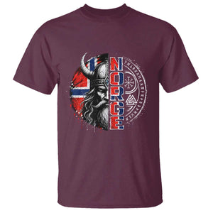 Fierce Norge Viking Warrior with Horned Helmet Graphic T Shirt Norway Pride Distressed Norwegian Flag and Runes TS02 Maroon Print Your Wear