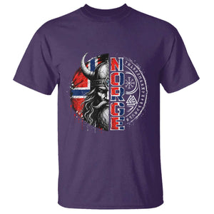 Fierce Norge Viking Warrior with Horned Helmet Graphic T Shirt Norway Pride Distressed Norwegian Flag and Runes TS02 Purple Print Your Wear