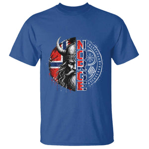 Fierce Norge Viking Warrior with Horned Helmet Graphic T Shirt Norway Pride Distressed Norwegian Flag and Runes TS02 Royal Blue Print Your Wear