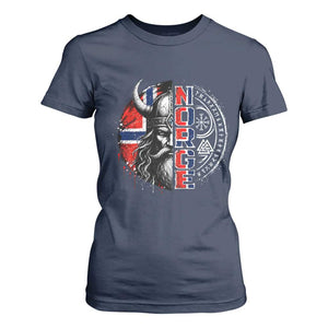 Fierce Norge Viking Warrior with Horned Helmet Graphic T Shirt For Women Norway Pride Distressed Norwegian Flag and Runes TS02 Navy Print Your Wear