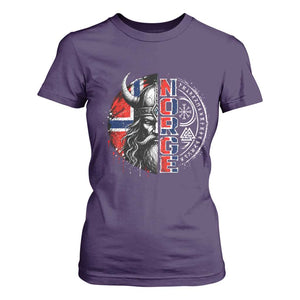 Fierce Norge Viking Warrior with Horned Helmet Graphic T Shirt For Women Norway Pride Distressed Norwegian Flag and Runes TS02 Purple Print Your Wear