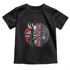 Fierce Norge Viking Warrior with Horned Helmet Graphic Toddler T Shirt Norway Pride Distressed Norwegian Flag and Runes TS02 Black Print Your Wear