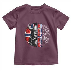 Fierce Norge Viking Warrior with Horned Helmet Graphic Toddler T Shirt Norway Pride Distressed Norwegian Flag and Runes TS02 Maroon Print Your Wear