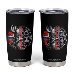 Fierce Norge Viking Warrior with Horned Helmet Graphic Tumbler Cup Norway Pride Distressed Norwegian Flag and Runes TS02 Black Print Your Wear