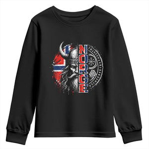 Fierce Norge Viking Warrior with Horned Helmet Graphic Youth Sweatshirt Norway Pride Distressed Norwegian Flag and Runes TS02 Black Print Your Wear