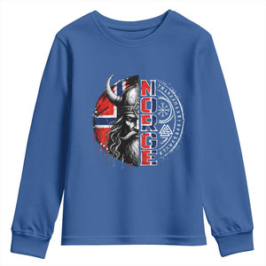 Fierce Norge Viking Warrior with Horned Helmet Graphic Youth Sweatshirt Norway Pride Distressed Norwegian Flag and Runes TS02 Royal Blue Print Your Wear
