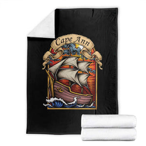 Cape Ann Vintage Nautical Sailing Ship Graphic Throw Blanket Retro Stained Glass Window Style Ocean Sunset Tall Ship