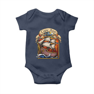 Cape Ann Vintage Nautical Sailing Ship Graphic Baby Onesie Retro Stained Glass Window Style Ocean Sunset Tall Ship