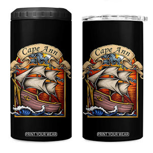 Cape Ann Vintage Nautical Sailing Ship Graphic 4 in 1 Can Cooler Tumbler Retro Stained Glass Window Style Ocean Sunset Tall Ship