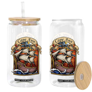Cape Ann Vintage Nautical Sailing Ship Graphic Glass Can Retro Stained Glass Window Style Ocean Sunset Tall Ship