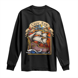 Cape Ann Vintage Nautical Sailing Ship Graphic Long Sleeve Shirt Retro Stained Glass Window Style Ocean Sunset Tall Ship