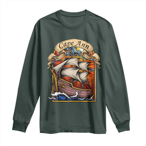 Cape Ann Vintage Nautical Sailing Ship Graphic Long Sleeve Shirt Retro Stained Glass Window Style Ocean Sunset Tall Ship