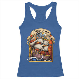 Cape Ann Vintage Nautical Sailing Ship Graphic Racerback Tank Top Retro Stained Glass Window Style Ocean Sunset Tall Ship