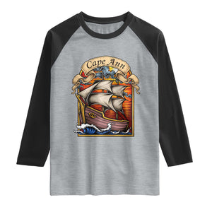 Cape Ann Vintage Nautical Sailing Ship Graphic Raglan Shirt Retro Stained Glass Window Style Ocean Sunset Tall Ship