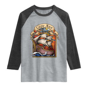 Cape Ann Vintage Nautical Sailing Ship Graphic Raglan Shirt Retro Stained Glass Window Style Ocean Sunset Tall Ship