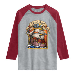 Cape Ann Vintage Nautical Sailing Ship Graphic Raglan Shirt Retro Stained Glass Window Style Ocean Sunset Tall Ship