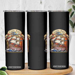 Cape Ann Vintage Nautical Sailing Ship Graphic Skinny Tumbler Retro Stained Glass Window Style Ocean Sunset Tall Ship