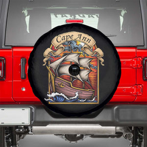 Cape Ann Vintage Nautical Sailing Ship Graphic Spare Tire Cover Retro Stained Glass Window Style Ocean Sunset Tall Ship