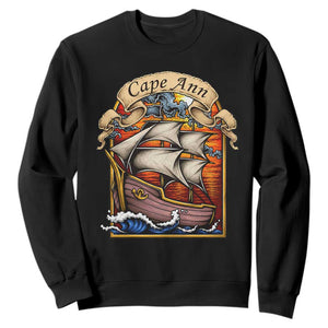 Cape Ann Vintage Nautical Sailing Ship Graphic Sweatshirt Retro Stained Glass Window Style Ocean Sunset Tall Ship