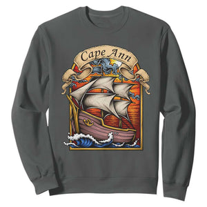 Cape Ann Vintage Nautical Sailing Ship Graphic Sweatshirt Retro Stained Glass Window Style Ocean Sunset Tall Ship