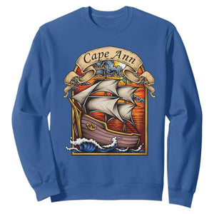 Cape Ann Vintage Nautical Sailing Ship Graphic Sweatshirt Retro Stained Glass Window Style Ocean Sunset Tall Ship