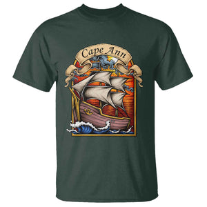 Cape Ann Vintage Nautical Sailing Ship Graphic T Shirt Retro Stained Glass Window Style Ocean Sunset Tall Ship