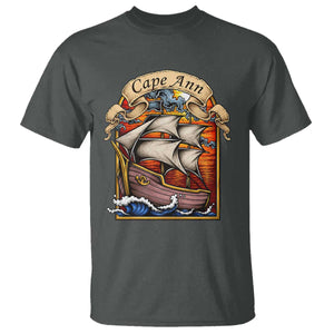 Cape Ann Vintage Nautical Sailing Ship Graphic T Shirt Retro Stained Glass Window Style Ocean Sunset Tall Ship