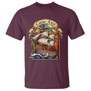 Cape Ann Vintage Nautical Sailing Ship Graphic T Shirt Retro Stained Glass Window Style Ocean Sunset Tall Ship