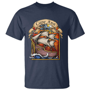 Cape Ann Vintage Nautical Sailing Ship Graphic T Shirt Retro Stained Glass Window Style Ocean Sunset Tall Ship