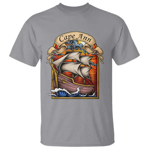 Cape Ann Vintage Nautical Sailing Ship Graphic T Shirt Retro Stained Glass Window Style Ocean Sunset Tall Ship