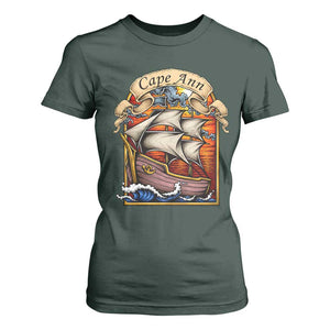Cape Ann Vintage Nautical Sailing Ship Graphic T Shirt For Women Retro Stained Glass Window Style Ocean Sunset Tall Ship