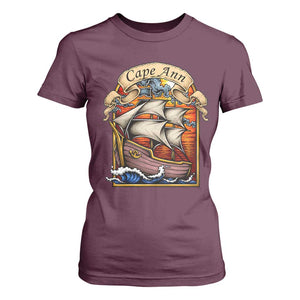 Cape Ann Vintage Nautical Sailing Ship Graphic T Shirt For Women Retro Stained Glass Window Style Ocean Sunset Tall Ship