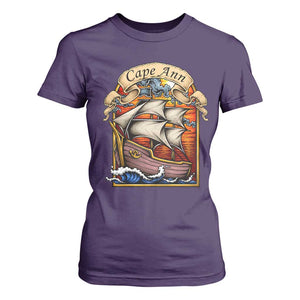 Cape Ann Vintage Nautical Sailing Ship Graphic T Shirt For Women Retro Stained Glass Window Style Ocean Sunset Tall Ship